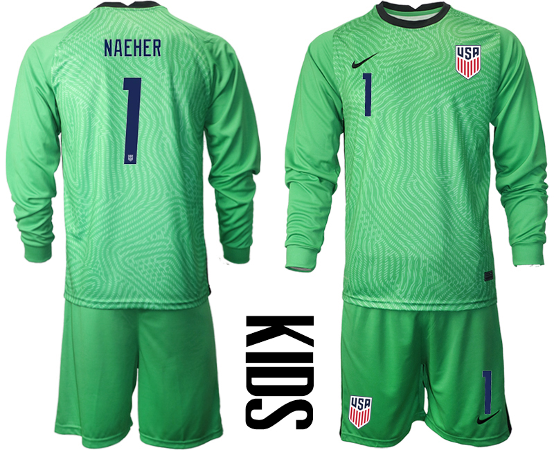 Youth 2020-2021 Season National team United States goalkeeper Long sleeve green #1 Soccer Jersey